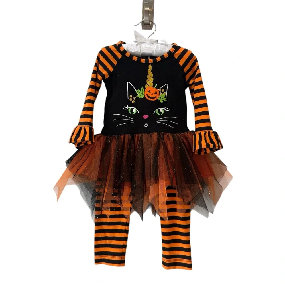 Toddler Girls Black Orange Black Cat Pumpkin 2 pc Set with Sparkle tutu 18/24M
